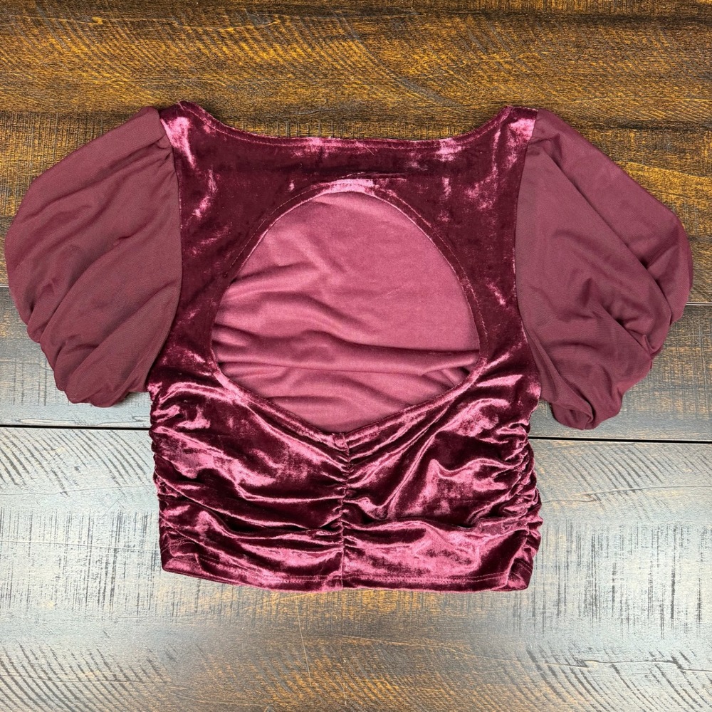Free People Intimately Duvet Days Velvet Top Dark Red XS Open Back Puff Sleeve - Picture 4 of 12